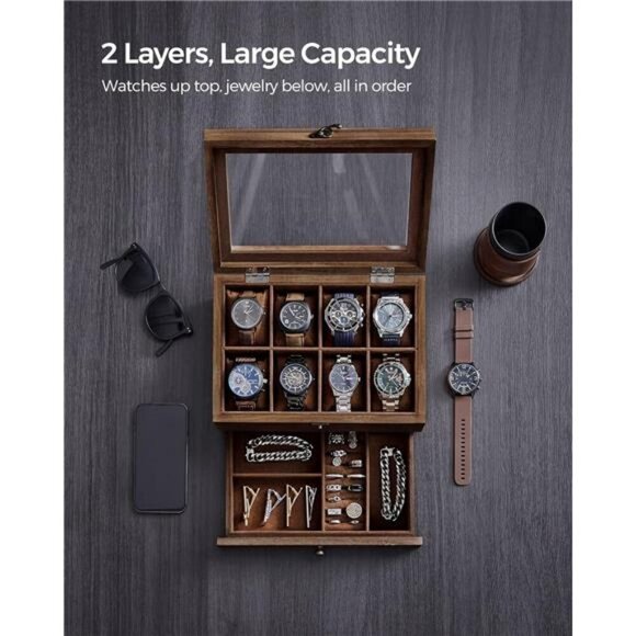 Wood Watch Box 8 Slot Two Tier Display Case Glass Lid Velvet Jewelry Storage - Picture 3 of 7